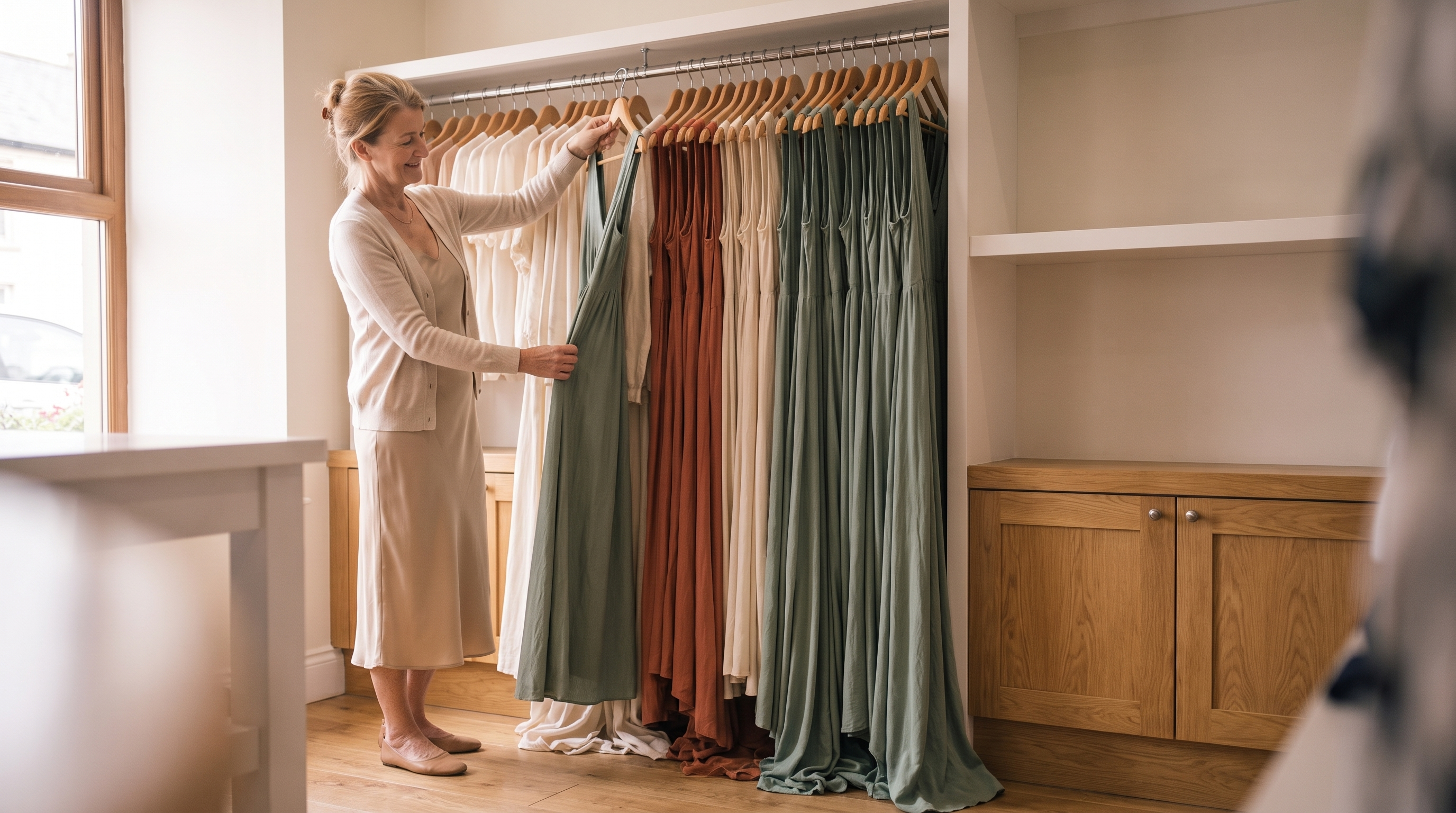 ARANLUXE Maxi Dresses — boutique owner adjusting a floor-length maxi dress on a rail of full-length dresses