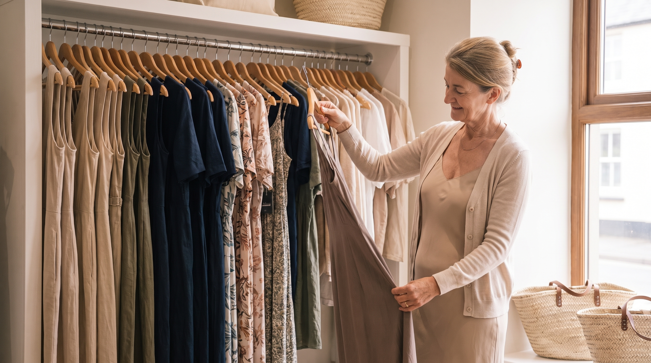 ARANLUXE Midi Dresses — boutique owner smoothing a mid-calf midi dress on a rail of midi-length dresses