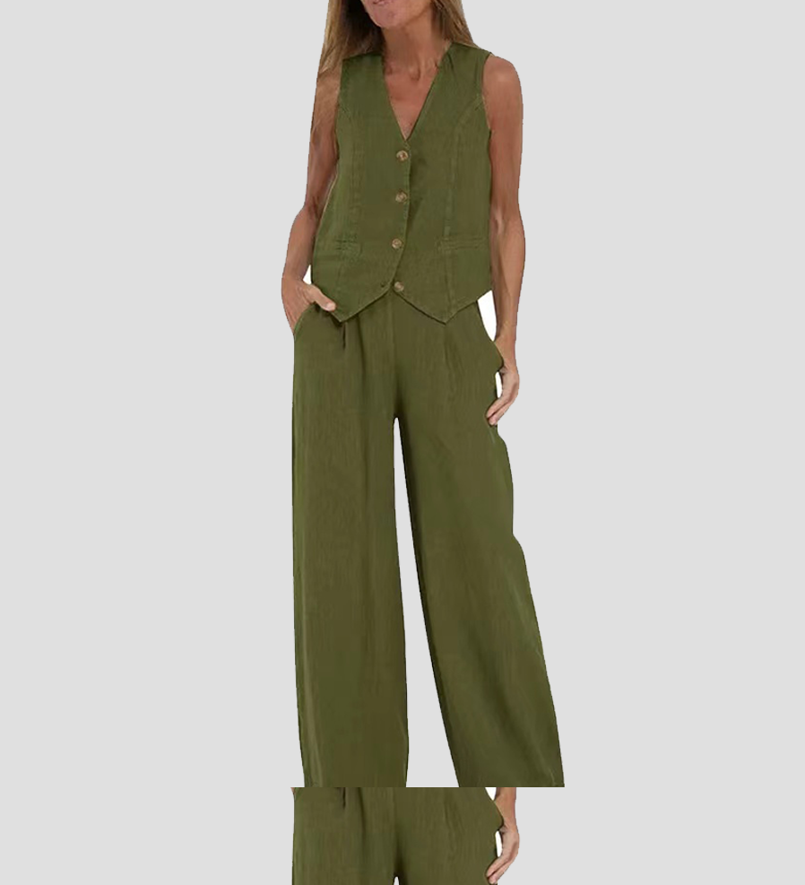 Aira - Button-Up Vest and Wide-Leg Pants Ensemble