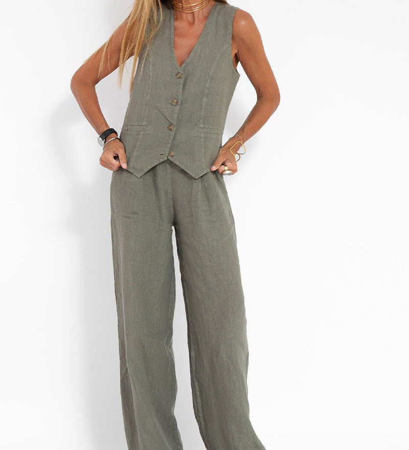 Aira - Button-Up Vest and Wide-Leg Pants Ensemble
