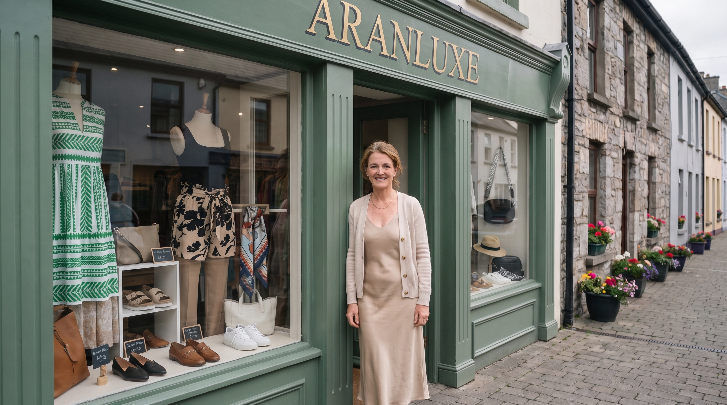 ARANLUXE boutique owner in front of her Irish village shop