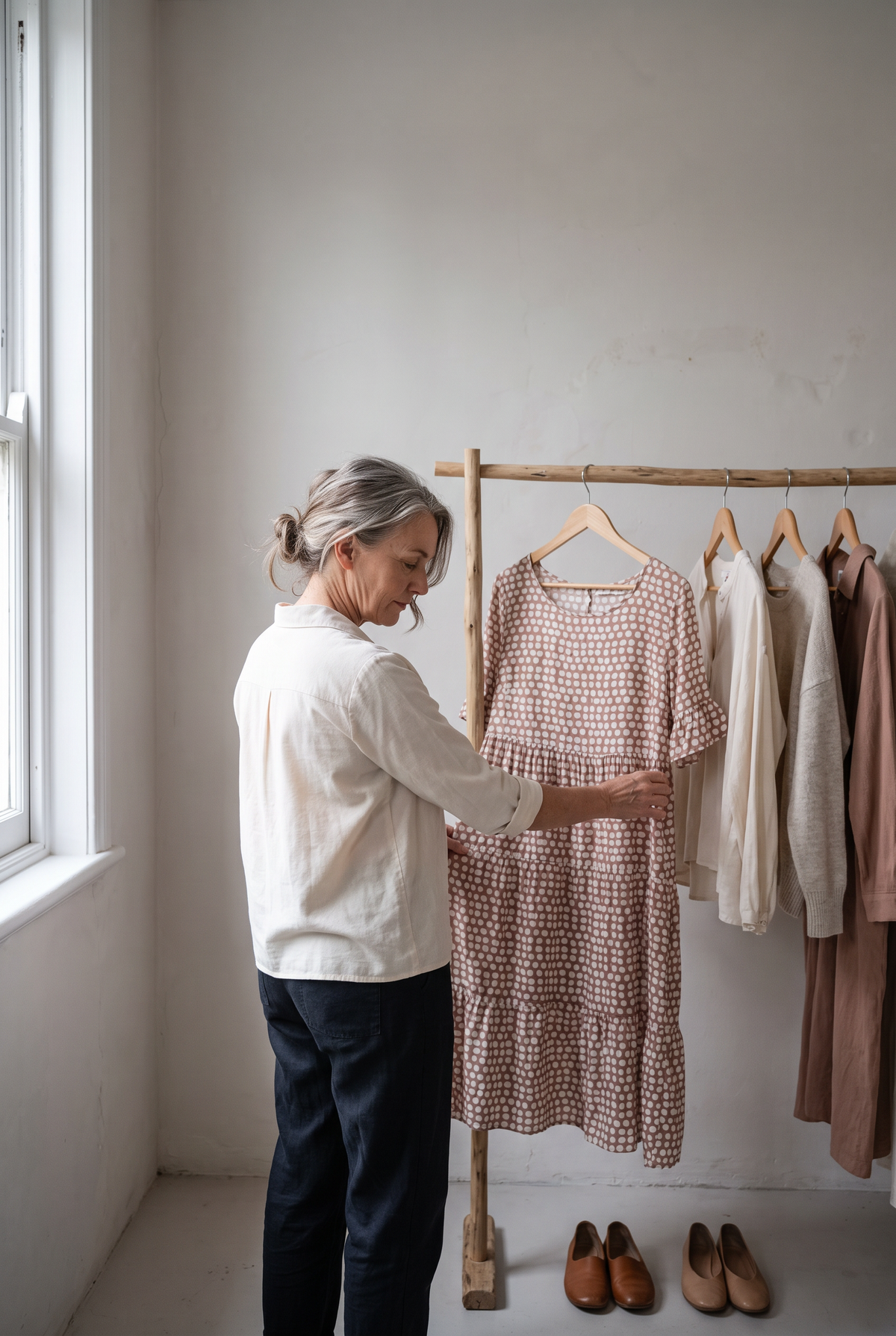 ARANLUXE — choosing the pieces: checking the fabric of a polka-dot midi dress on a rail of curated neutrals, flat shoes below