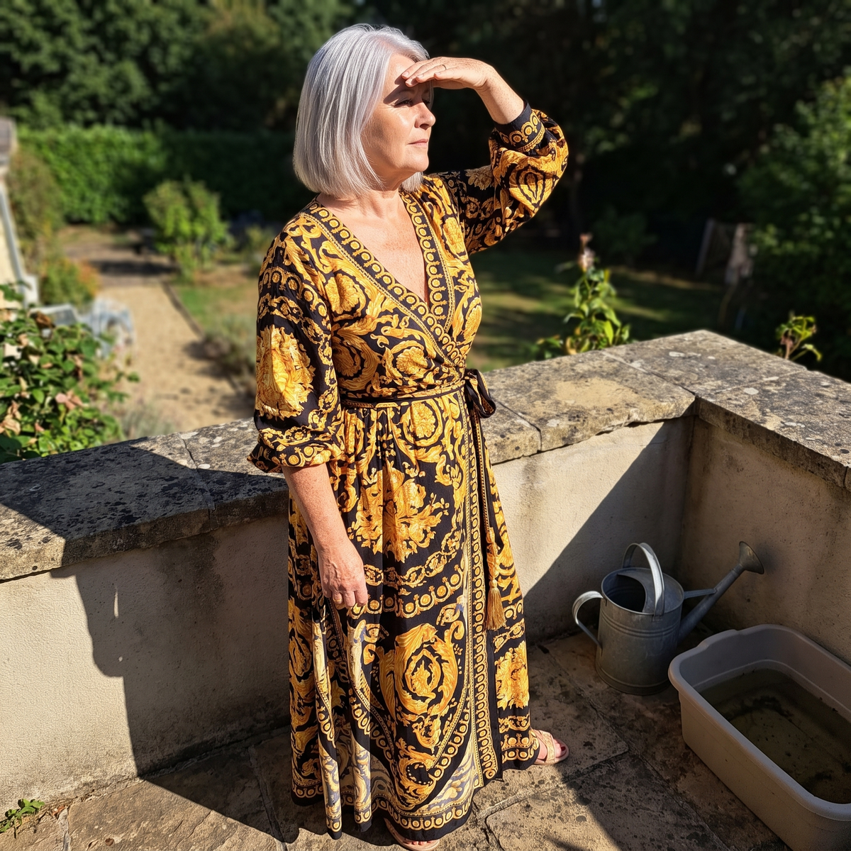 Customer wearing the Faye bohemian print wrap dress on a garden terrace