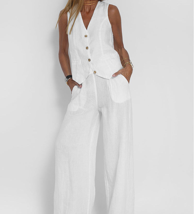 Aira - Button-Up Vest and Wide-Leg Pants Ensemble