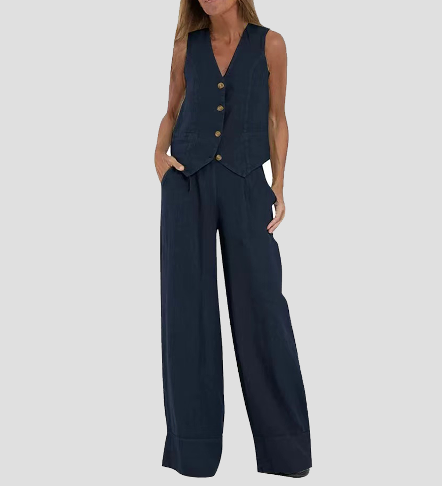Aira - Button-Up Vest and Wide-Leg Pants Ensemble