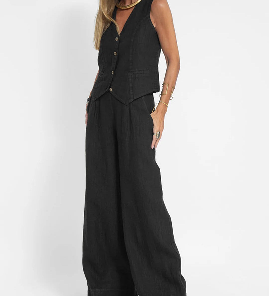 Aira - Button-Up Vest and Wide-Leg Pants Ensemble