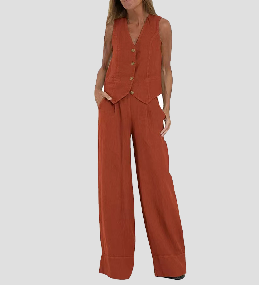 Aira - Button-Up Vest and Wide-Leg Pants Ensemble